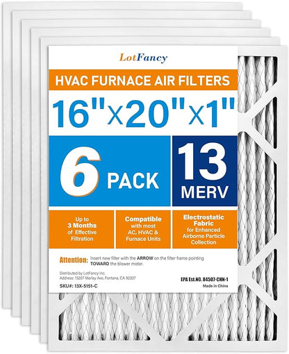 LotFancy 16x20x1 Air Filter MERV 13 6-Pack, Electrostatic Pleated HVAC Furnace Air Filter, Captures Pet Dander Smog Smoke, Actual Size: 15.75"x15.75"x0.75"
