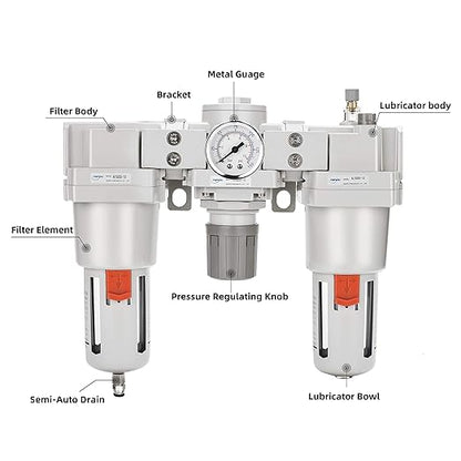 NANPU 1" NPT Air Filter, Regulator & Lubricator (FRL) Combo - Water/Oil Trap Separator - Pressure Gauge(0-150 psi), 5 Micron Brass Element, Semi-Auto Drain, Poly Bowl, Metal Bracket