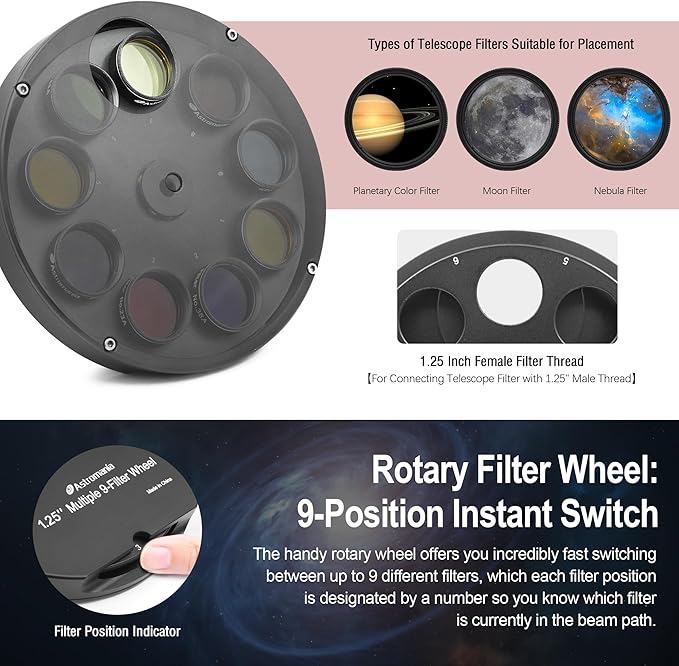Astromania Telescope Filter Drawer, Multiple 9-Position Filter Wheel Holder for Telescope with T-Adapter, Telescope Accessories Compatible with 1.25 Inch Filters for Planetary Moon Nebula Observation