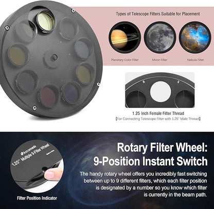 Astromania Telescope Filter Drawer, Multiple 9-Position Filter Wheel Holder for Telescope with T-Adapter, Telescope Accessories Compatible with 1.25 Inch Filters for Planetary Moon Nebula Observation
