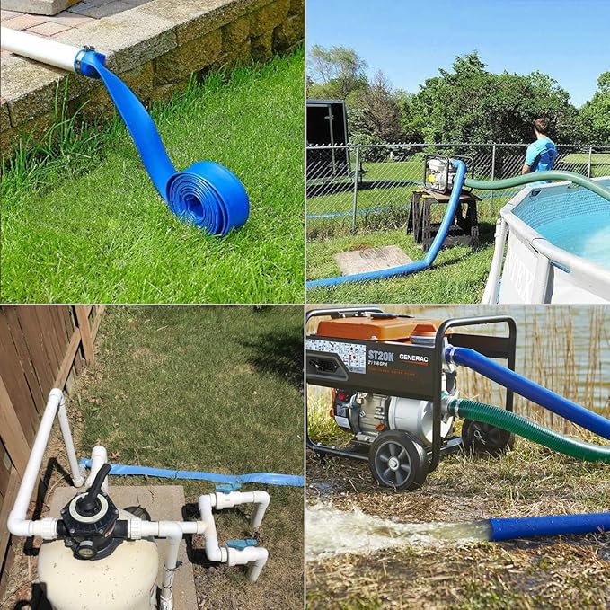 3” Diameter x 100' Blue Backwash Hose for Swimming Pools, Heavy Duty Discharge Hose Reinforced Pool Drain Hose, PVC Lay-Flat Draining Hoses Ideal for Water Transferring