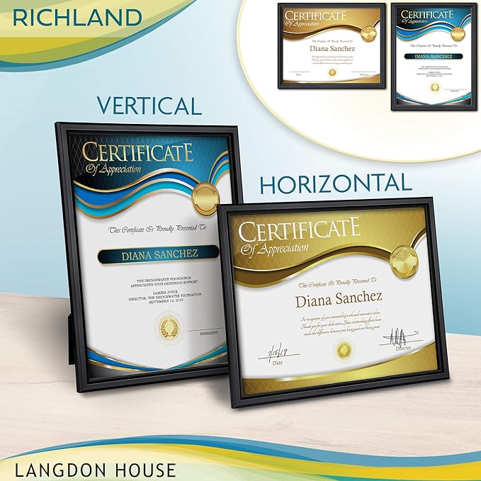 Langdon House 8.5x11 Certificate Frames Set (Black, 6 Pack) Distinguished Edging for Classic Style, Richland Collection
