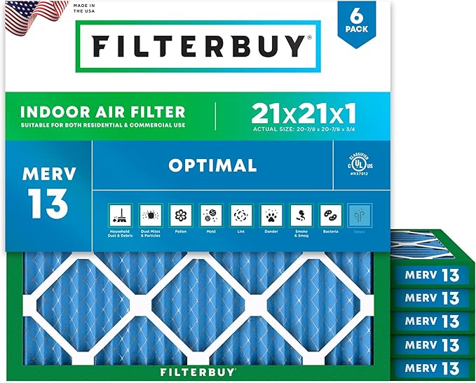 Filterbuy 21x21x1 Air Filter MERV 13 Optimal Smoke & Allergy Defense (6-Pack), Electrostatic Pleated HVAC AC Furnace Filters Replacement, Made in USA (Actual Size: 20.88 x 20.88 x 0.75)