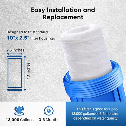 PUREPLUS 5 Micron 10"x2.5" Whole House String Wound Sediment Filter for Well Water, Replacement Cartridge for Universal 10 inch RO System, WP-5, Aqua-Pure AP110, CFS110, Culligan P5, WFPFC4002, 4Pack