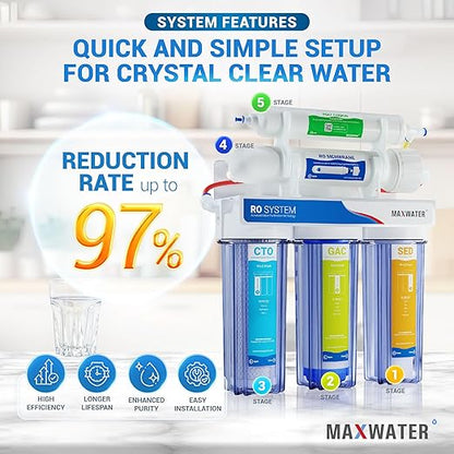 Max Water 5 Stage 100 GPD (Gallon Per Day) RO (Reverse Osmosis) Standard Water Filtration System for Heavy Duty - Under-Sink/Wall Mount - Model: RO-5C2