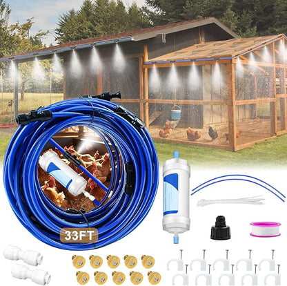 Upgraded 33FT Chicken Coop Cooling System with Water Filter Misting Cooling System Line & 20 Brass Mist Nozzles Teflon Tape 3/4" Adapter Chicken Coop Accessories for Patio Backyard Outdoor Summer Heat