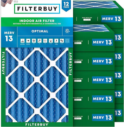 Filterbuy 12x25x4 Air Filter MERV 13 Optimal Smoke & Allergy Defense (12-Pack), Electrostatic Pleated HVAC AC Furnace Filters Replacement, Made in USA (Actual Size: 11.50 x 24.50 x 3.63)