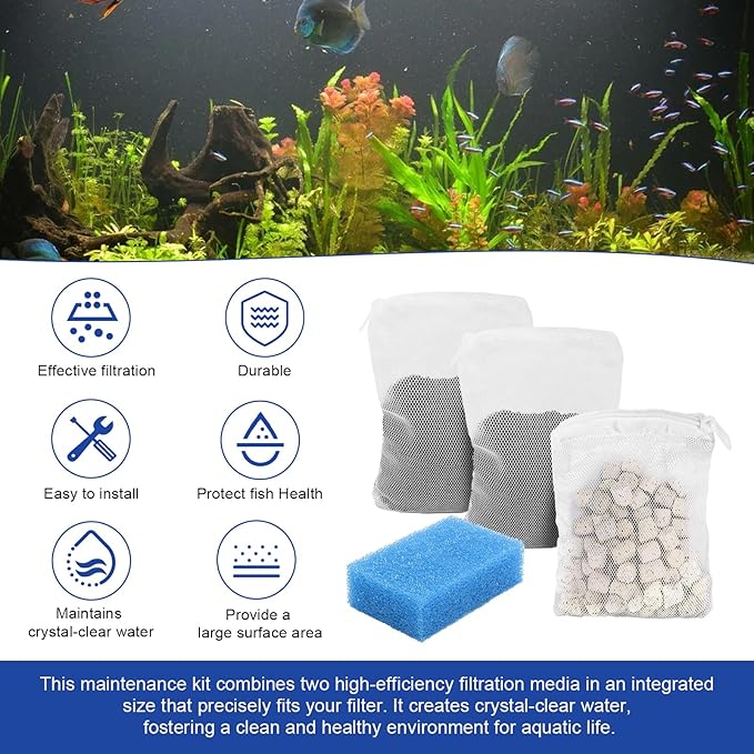 Aquarium Media Maintenance Kit Replacement for Fluval AC50 Power Filter, Includes 1 Blue Foam Filters, 1 Pack Ceramic Rings and 2 Activated Carbon Bag, for 20-to-50 Gallon Aquariums