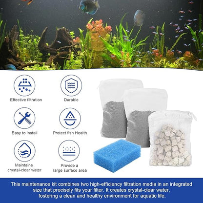 Aquarium Media Maintenance Kit Replacement for Fluval AC50 Power Filter, Includes 1 Blue Foam Filters, 1 Pack Ceramic Rings and 2 Activated Carbon Bag, for 20-to-50 Gallon Aquariums