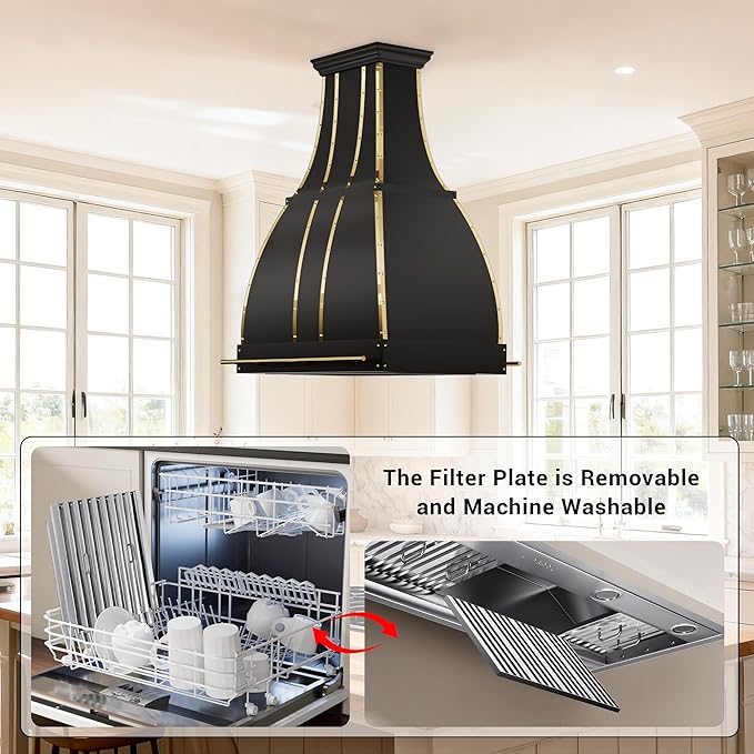 CHETTO C Stainless Steel Range Hood Cover with 4-Speed Vent Hood Insert Custom Handmade Metal Kitchen Fan with Towel Rack LED Light 36"W x27"D x36"H Black Island Mount
