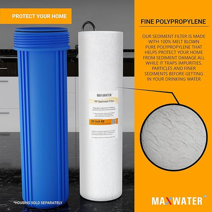 Max Water 1 Micron 20 x 4.5 Sediment Filter - Whole House BB Water Filtration System Replacement Cartridge Compatible with DGD-5005-20, AP810-2, FP25B, SDC-45-2005, 4 Pack