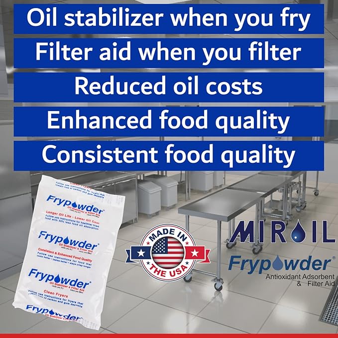 MirOil P46C Fry Powder Oil Stabilizer and Filter Aid, 46 x Size C Portion Pack(160ML Each) Fry Powder, Food Centers Cook Hotter, Deep Fryer Cooking Oil Saver Helps Save Grease & Remove Carbon Deposits