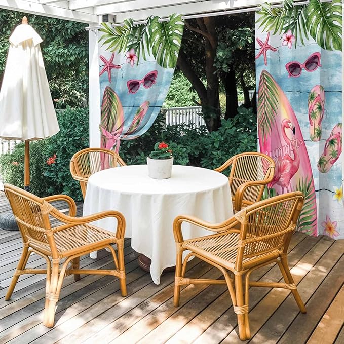 Summer Flamingbirds Outdoor Curtains for Patio Palm Leaves Plumeria Wood Waterproof Outside Curtains with Grommet Top Weatherproof Curtain for Cabana Pergola Gazebo, 1 Panel, 54" W x 108" L