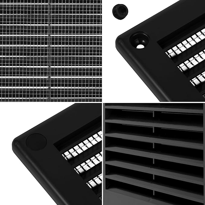 Repa Market 4 x 4 Inch (Outer) Black Square Air Vent Cover - Plastic Fresh Air Intake Vent - AC Cover with Nylon Mesh Screen, Wall, Ceiling HVAC Return Air Register, Modern Soffit Vents