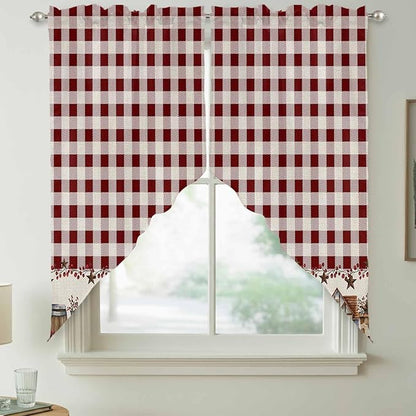 Swag Curtain Valances for Kitchen Windows,Farm Barn Western Star on Vintage Short Rod Pocket Window Valance,Red Buffalo Plaid Swag Topper for Bedroom Living Room,2 Panels 36x45in