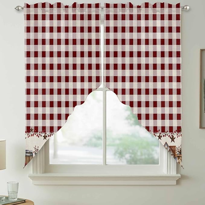 Swag Curtain Valances for Kitchen Windows,Farm Barn Western Star on Vintage Short Rod Pocket Window Valance,Red Buffalo Plaid Swag Topper for Bedroom Living Room,2 Panels 36x63in