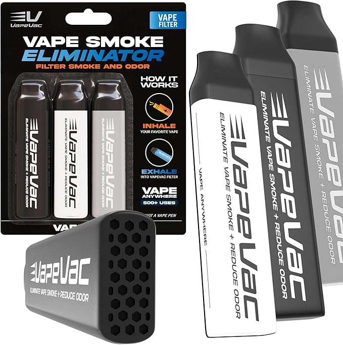 VapeVac (Registered AMZ Brand) – Pocket Sized Personal Air Filter for Discreet Output Reduction | Minimizes Odor, Keeps Air Fresh | Not an Emission Device – 500+ Uses (3-Pack)
