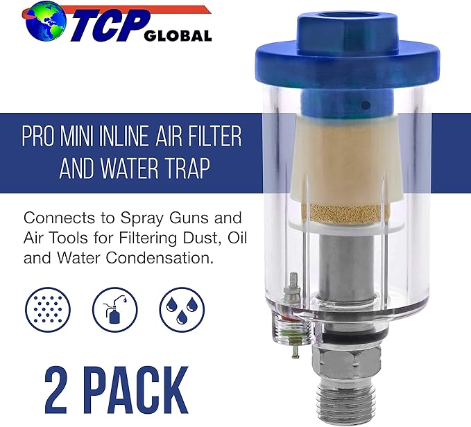 TCP Global Mini In-Line Air Filter (2 Pack) - Water & Oil Separator with Drain Valve - Water Trap, Air Dryer, Removes Moisture, Dirt - Use on Compressor Hose, Pneumatic Tools, Paint Spray Guns