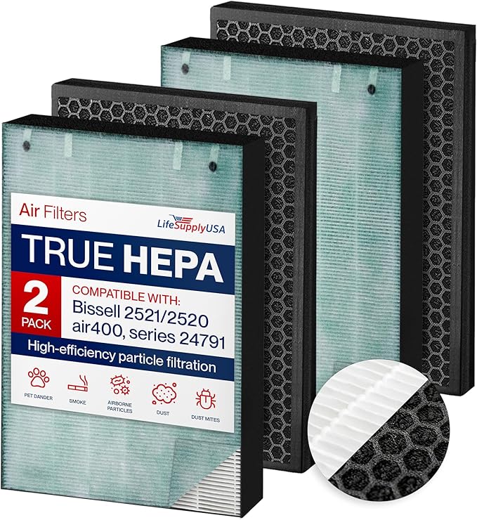 2521/2520 Filter Replacement Compatible with Bissell Air400 Series 24791-3-in-1 True HEPA + Activated Carbon + Pre-Filter by LifeSupplyUSA (2-Pack)