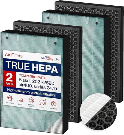 2521/2520 Filter Replacement Compatible with Bissell Air400 Series 24791-3-in-1 True HEPA + Activated Carbon + Pre-Filter by LifeSupplyUSA (2-Pack)