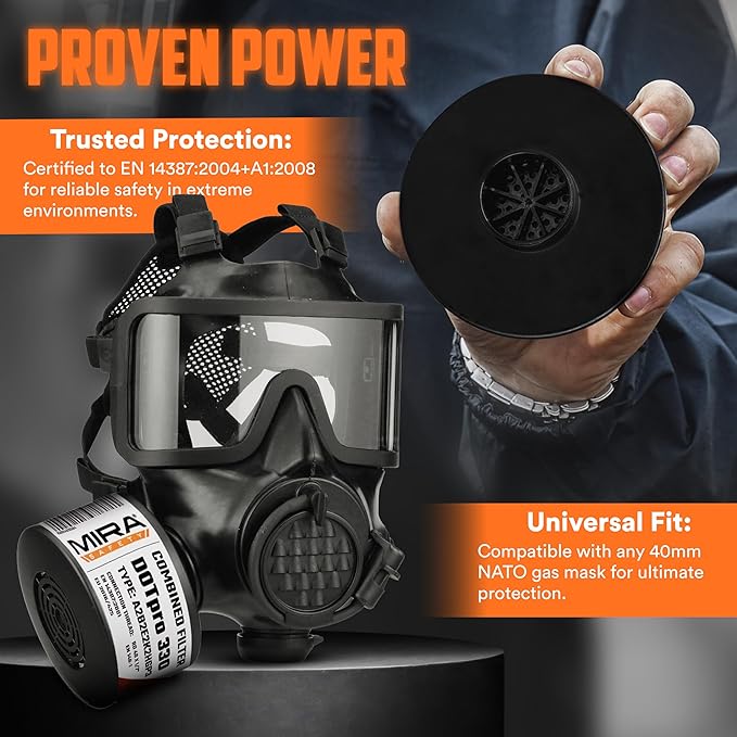 MIRA Safety - DotPro 330 - Industrial Grade Gas Mask Filter | A2 B2 E2 K2 HG P3 Filter Rating | Long Shelf Life | 40mm NATO Filter | Fits CBRN Gas Masks