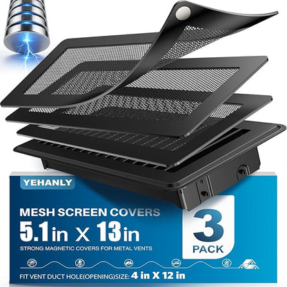 Magnetic Vent Covers with Vent Screen 5.1x13 Inch, Black Mesh Vent Covers for Floor, Wall, Ceiling Air Vents to Block Dust, Pet Hair, Fits Standard HVAC Floor Registers in Home, RV, 3 Pack