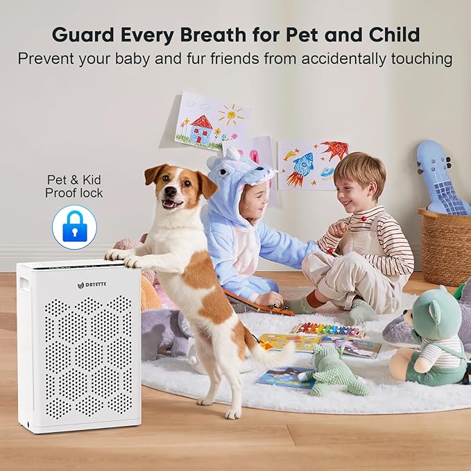 DAYETTE Air Purifiers for Home Large Room Up to 2400 Ft² with Washable Pre-Filter, H14 HEPA Air Filter, Air Quality Monitor, Pet Mode Sleep Mode for Allergies, Pet Hair in Bedroom, Living Room, Office