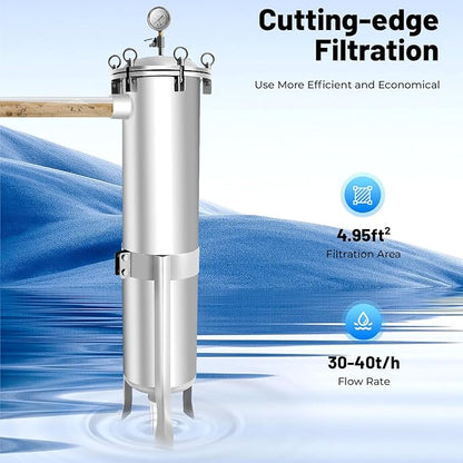 2" NPT Fluid Filter, 304 Stainless Steel - 2 Bag Filter Housing, 150PSL High Pressure Filtration System, 40t/h High Pressure Filter Available for Whole House