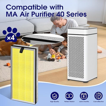 40 Pet Care Replacement Filter for MA Air Purifier 40 Series, 3-in-1 High-Efficiency Stage for Pet Hair, Dander & Odors, Pre-Filter and Activated Carbon, 4 Pack