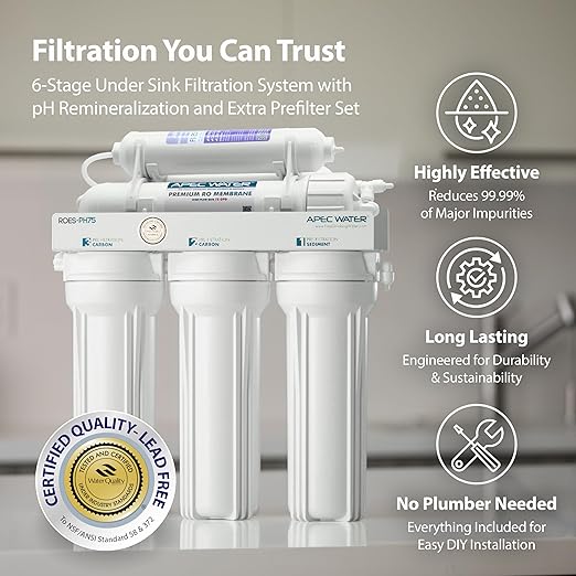 APEC Water Systems ROES-PH75 Essence Series Alkaline Mineral pH+ 75 GPD 6-Stage WQA Certified Ultra Safe Reverse Osmosis Drinking Water Filter System, with Extra High Capacity Pre-Filter Set Stage 1-3