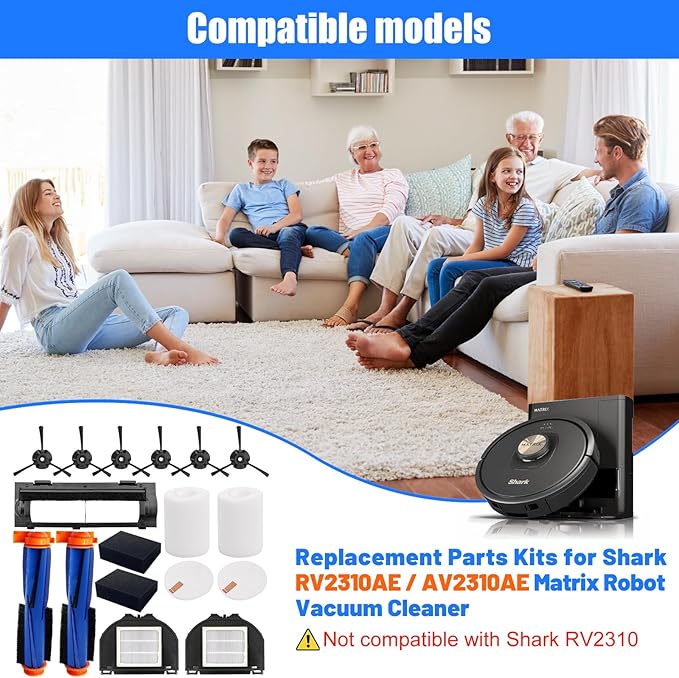 RV2310AE Replacement Parts for Shark AV2310AE/RV2320S/RV2300S/UR2360S Matrix Robot Vacuum 2 Roller Brushes, 6 Side Brushes, 2 HEPA Filters, 2 Foam & 2 Sponge Filters, 1 Main Brush Cover-15 Pack