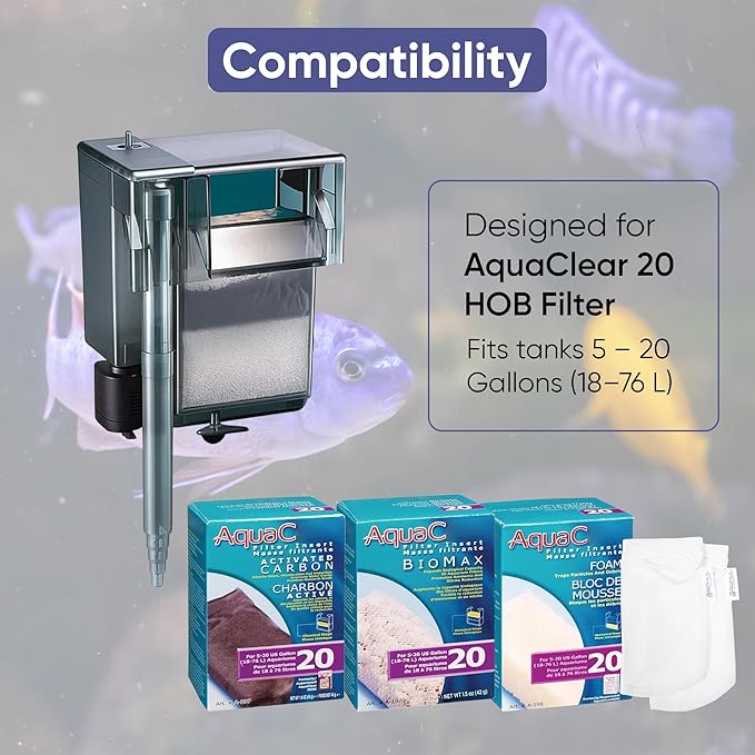 AquaClear 20 HOB Maintenance & Replacement Filter Media Kit, Including Gokul Brands Mesh Bags (AquaClear Activated Carbon Inserts 45g-1 Pack, BioMax Media 42g, Filter Foam Insert 1-Pack)