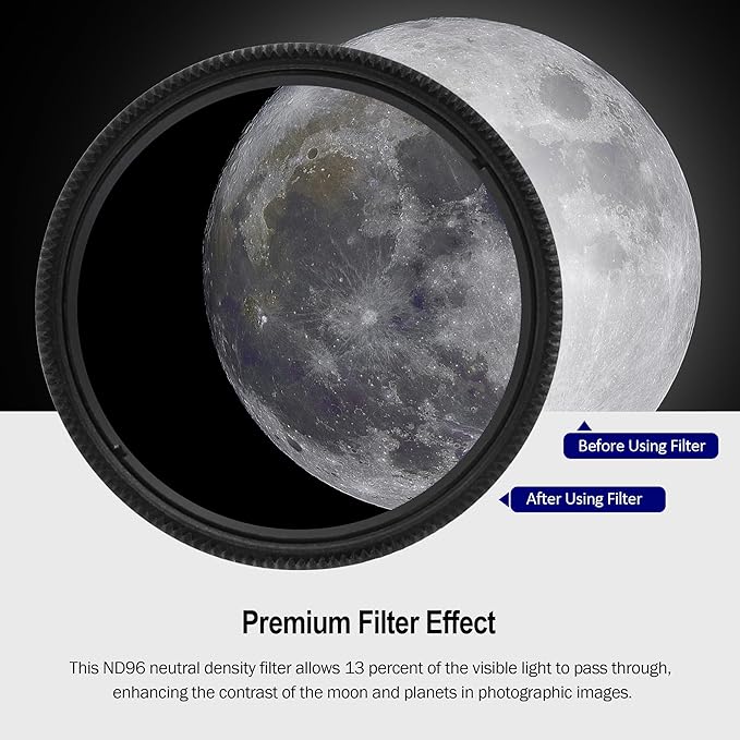 Astromania Telescope Filter Moon Filter 1.25 inch, Neutral Color Filter ND96-0.9 with 13% Light Transmission Reduces Moon Glare&Enhances Lunar Crater Detail, Work with Telescope Accepts 1.25" Eyepiece
