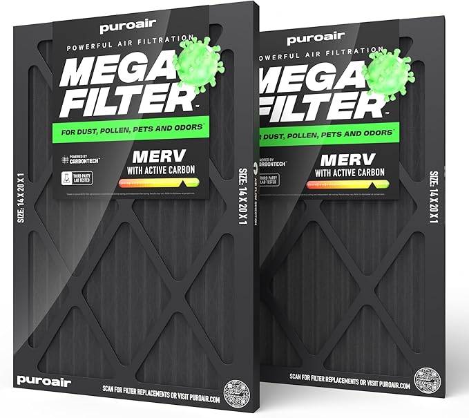 PuroAir MegaFilter - 14x20x1 Air Filter MERV 13 Activated CarbonTech Defense - Heavy Duty 3 Layer Furnace Filters Allergens, Pollen, Dust, Pet Dander, Smoke, Odors - HVAC Air Filter 14x20x1 (2-Pack)