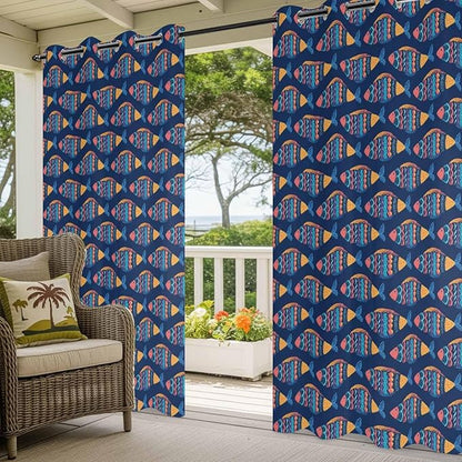 Fish Outdoor Curtains for Patio Vintage National Wind Fish Blue Waterproof Outside Curtains with Grommet Top Weatherproof Curtain for Cabana Pergola Gazebo, 2 Pack, 54" W x 108" L