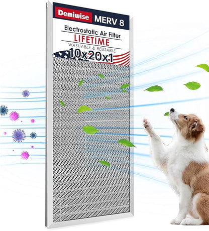 10x20x1 Electrostatic Air Filter, MERV 8 Reusable Aluminum AC/HVAC Furnace Filters, Washable Permanent Air Filter, Lasts a Lifetime, Easy to Clean (Actual Size:9.48x19.64x0.82)
