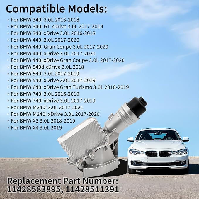 11428583895 Aluminium Engine Oil Filter Housing Assembly with Oil Cooler & Filter Compatible with BMW 340i 440i 540d 540i 640i 740i M240i X3 X4 3.0L 2016-2021 Replace # 11428511391