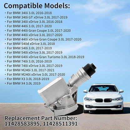 11428583895 Aluminium Engine Oil Filter Housing Assembly with Oil Cooler & Filter Compatible with BMW 340i 440i 540d 540i 640i 740i M240i X3 X4 3.0L 2016-2021 Replace # 11428511391