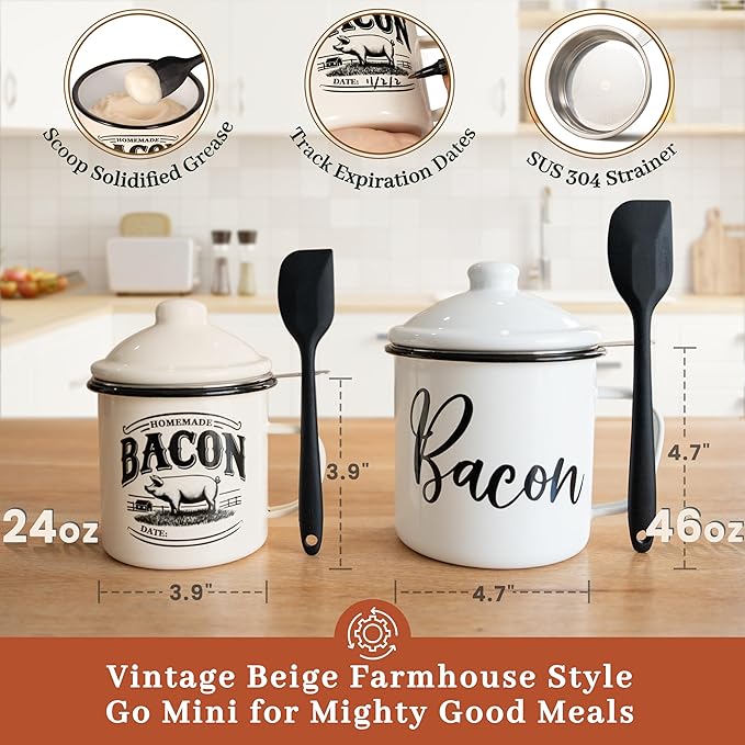 Bacon Grease Container with Strainer - With Food-Grade Silicone Spatula, 24oz Enamel Rustic Farmhouse Fat Container, Keeper, Recipes, Dishwasher Safe