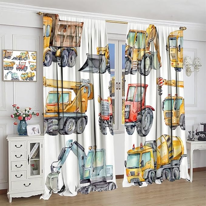 Kids Excavator Curtains, Retro Truck Tractor Machinery Construction Vehicle Crane Digger Mixer Rod Pocket Decorative Windows Curtain for Teens Girls Boys Room 84x84in (30% Blackout)