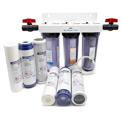 Whole House 3-Stage Water Filtration System, 3/4" port with 2 valves and extra 1 year filter supply (2 sets, 6 pcs)
