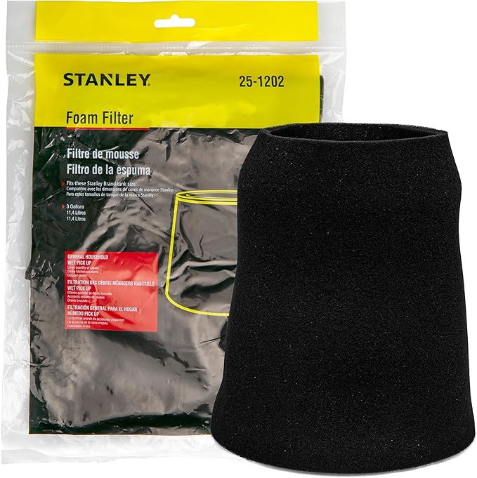 STANLEY Foam Filter, for 1-5 Gallon Wet/Dry Vacuum 25-1202, Compatible with STANLEY SL18123P, SL18128, SL18128P, SL18129, SL18130, SL18130P, SL18132, SL18133, SL18133P