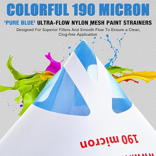 100 Pack of Premium Paint Strainers with 190 Micron Fine Mesh Filters - 3D Printing Ultra-Flow Blue Nylon Cone Strainers for Paint and Fluid Filtration