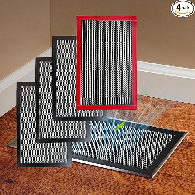 4 Packs Floor Register Vent Cover, 7"x11" Sticky Air Vent Screen Mesh Covers with Non-Magnetic Adhesive PET Gel - Securely Attaches to Plastic, Wood, Stone & More (Black)