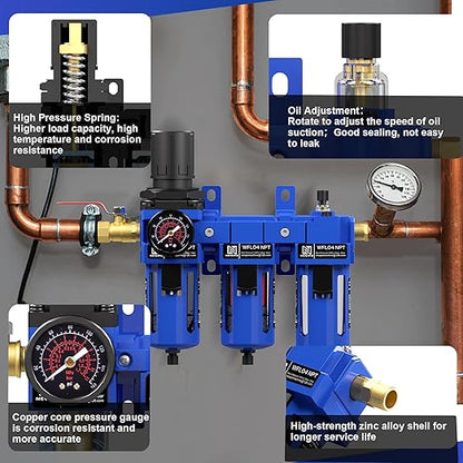 NEWPO 1/2'' NPT Compressed Air Filter Regulator Lubricator Combo with Pressure Gauge,Brass Filter and Coalescing Filter,Semi-Auto Drain, Metal Bracket-Blue