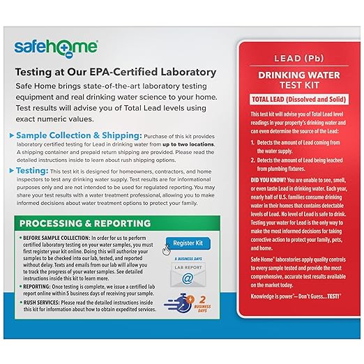 Safe Home® Lead in Drinking Water Test Kit – 2 Samples Tested at our EPA Certified Lab – Home Inspections, Mortgage Loans, Real Estate Transactions – Detection to 1ppb