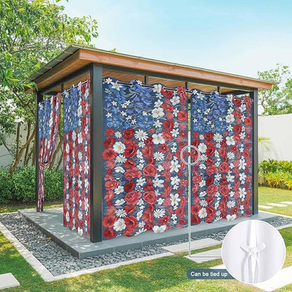 4th of July Outdoor Curtains for Patio Patriotic Flowers Farmhouse Red Waterproof Outside Curtains with Grommet Top Weatherproof Curtain for Cabana Pergola Gazebo, 2 Pack, 54" W x 84" L