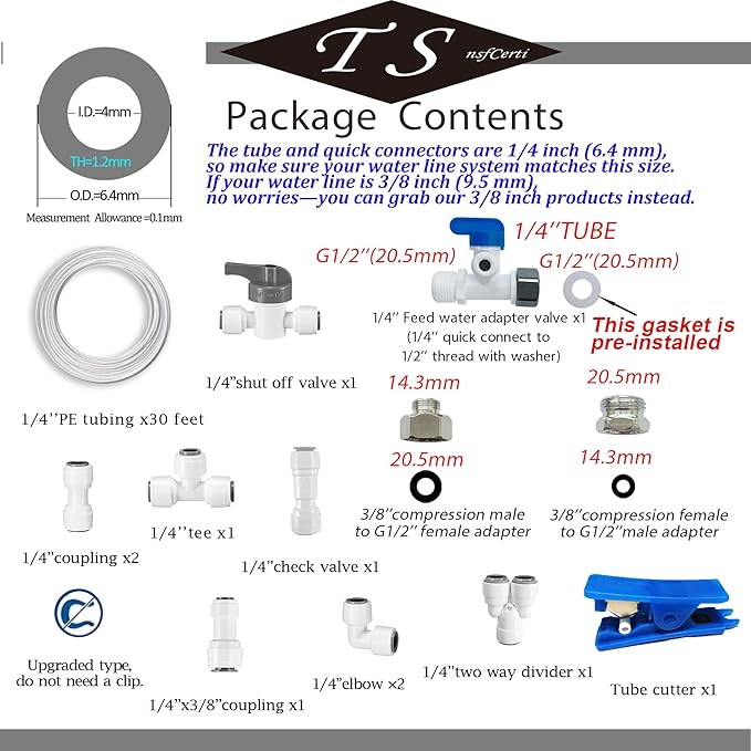 NSF 1/4" inch Water Line Tubing and Push to Connect Fittings for Reverse Osmosis Water Filter RO fittings (Feed water adapter Kits), 11 pcs connetors+30 feet 1/4" O.D. (6.4mm) water tubing.
