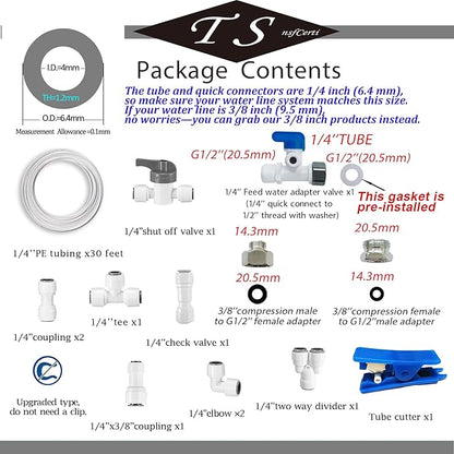 NSF 1/4" inch Water Line Tubing and Push to Connect Fittings for Reverse Osmosis Water Filter RO fittings (Feed water adapter Kits), 11 pcs connetors+30 feet 1/4" O.D. (6.4mm) water tubing.