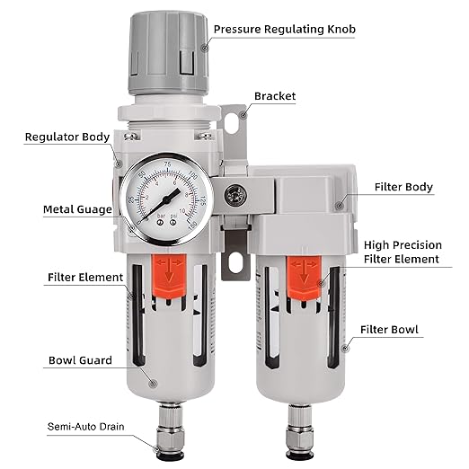NANPU 3/8" NPT Air Dryer System - 5 Micron Particulate Filter, 0.5 Micron Coalescing Filter & Air Pressure Regulator, Water Trap Separator - Semi-Auto Drain,0-150 psi Gauge, Poly Bowl, Metal Bracket